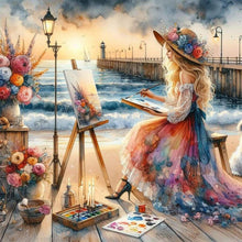 Load image into Gallery viewer, Girl Painting By The Sea 40*40CM(Canvas) Full Round Drill Diamond Painting
