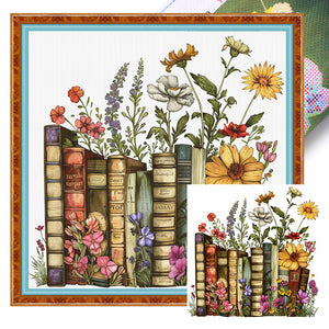 Books and flowers-50*50CM  18CT Stamped Cross Stitch