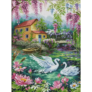 Playful swans-40*55CM  14CT Stamped Cross Stitch (Xiaobai Brand)
