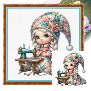 Sewing machine gnome girl-40*40CM  16CT Stamped Cross Stitch