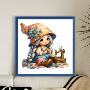 Sewing machine gnome girl-40*40CM  16CT Stamped Cross Stitch