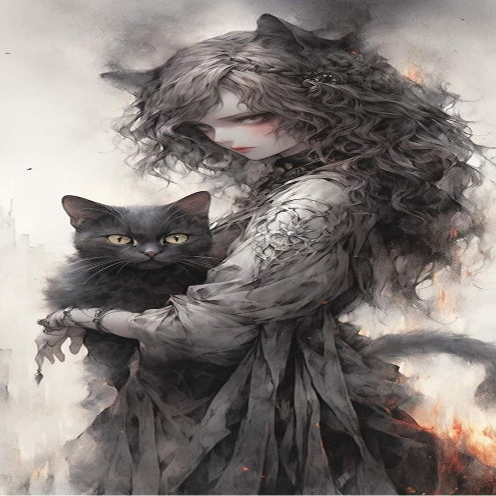 Black And White Girl And Cat - Full 14CT Counted Cross Stitch 50x100CM - Yishu