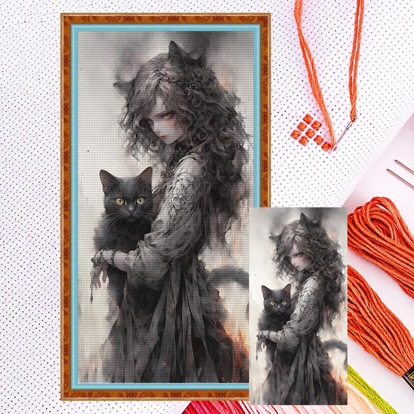 Black And White Girl And Cat - Full 14CT Counted Cross Stitch 50x100CM - Yishu