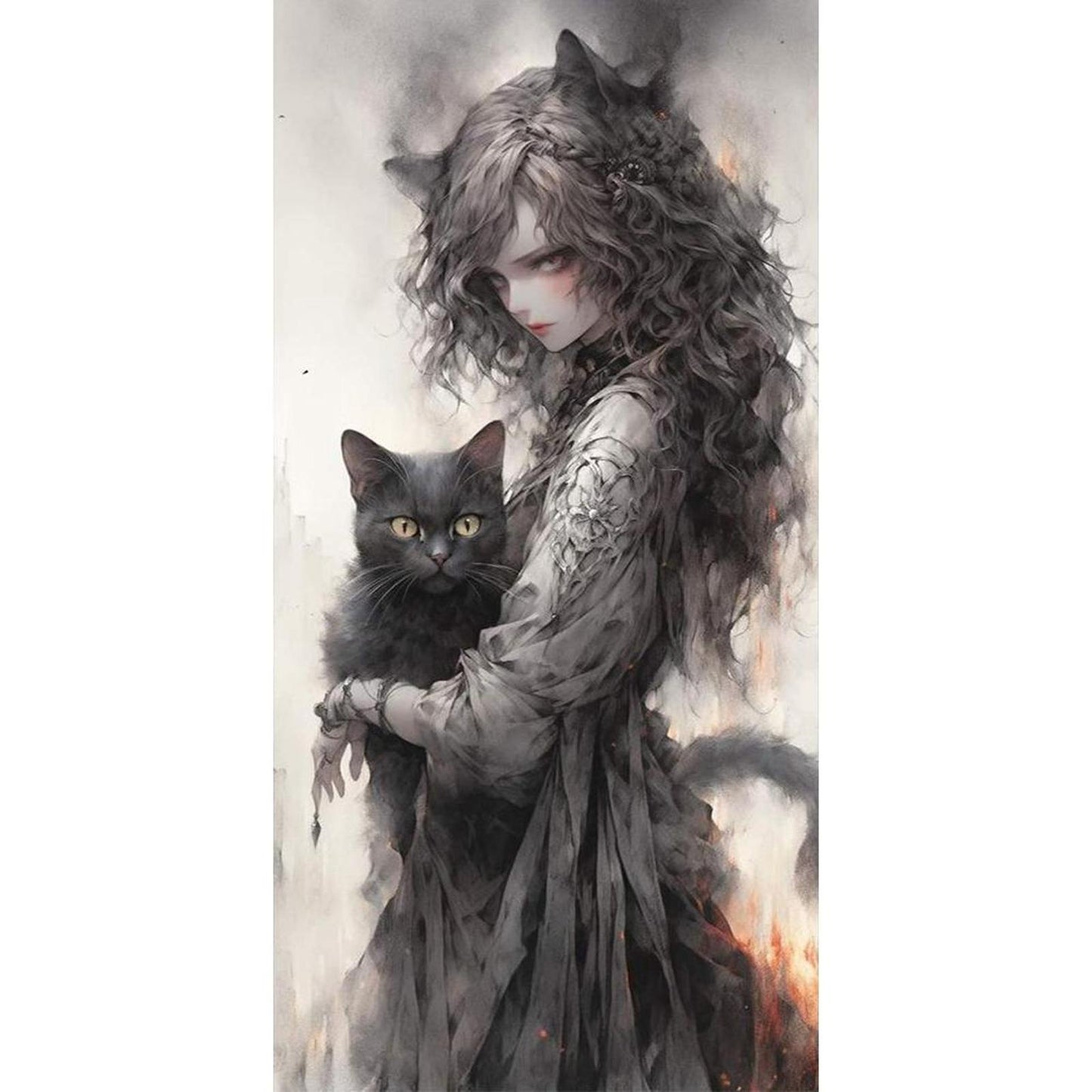 Black And White Girl And Cat - Full 14CT Counted Cross Stitch 50x100CM - Yishu