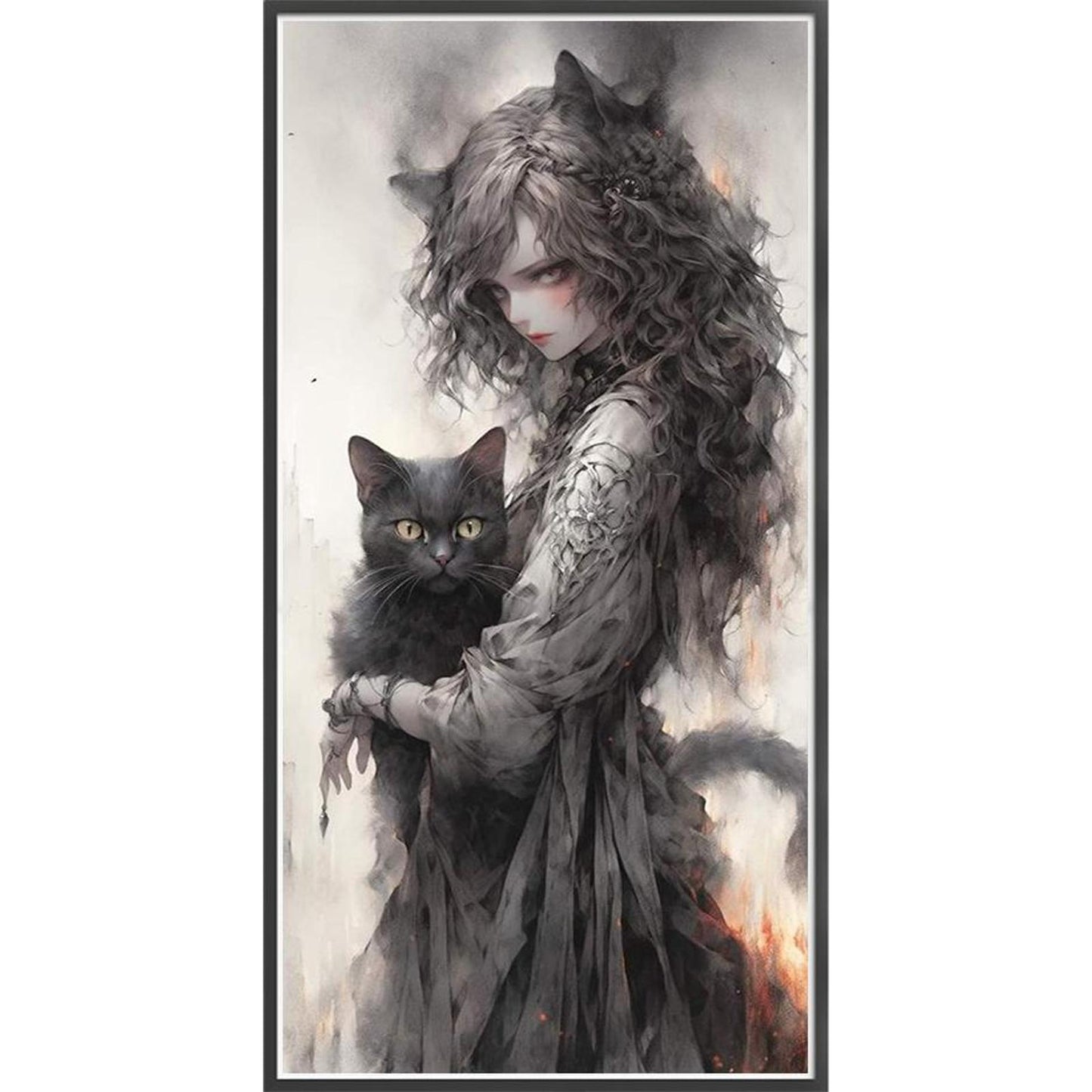Black And White Girl And Cat - Full 14CT Counted Cross Stitch 50x100CM - Yishu
