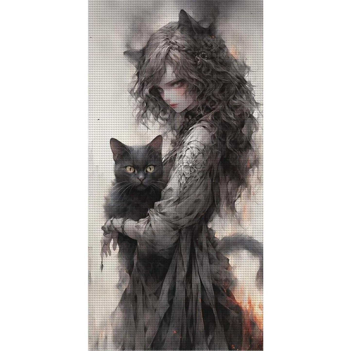 Black And White Girl And Cat - Full 14CT Counted Cross Stitch 50x100CM - Yishu