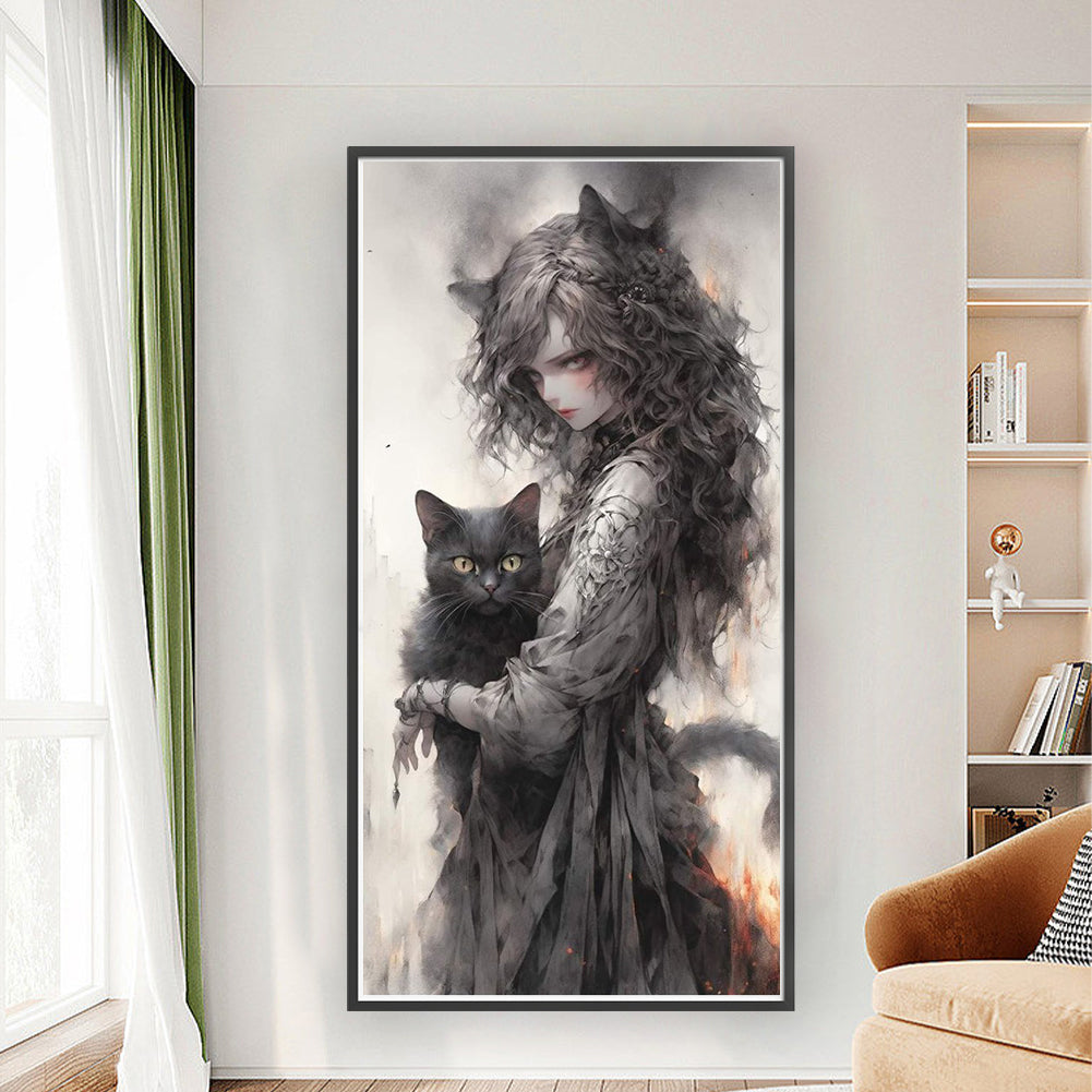 Black And White Girl And Cat - Full 14CT Counted Cross Stitch 50x100CM - Yishu