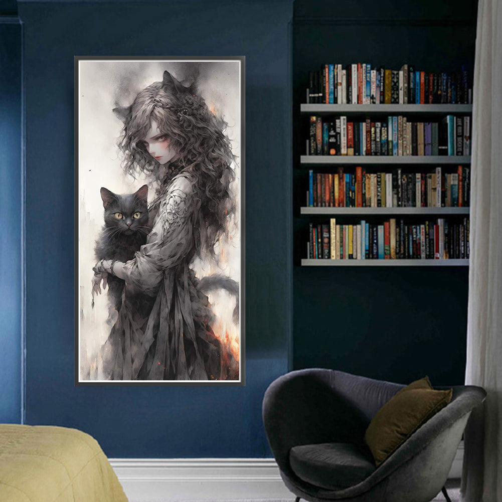 Black And White Girl And Cat - Full 14CT Counted Cross Stitch 50x100CM - Yishu