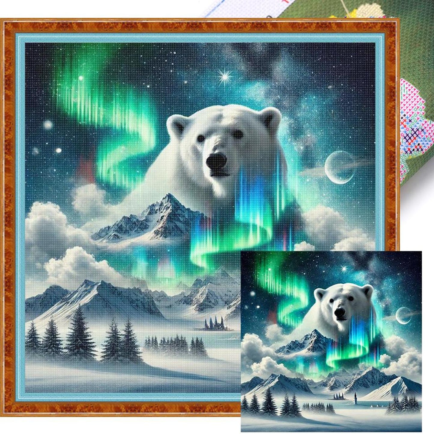 Polar Bear Under Aurora Mountains - Full 11CT Stamped Cross Stitch 50x50CM - Band