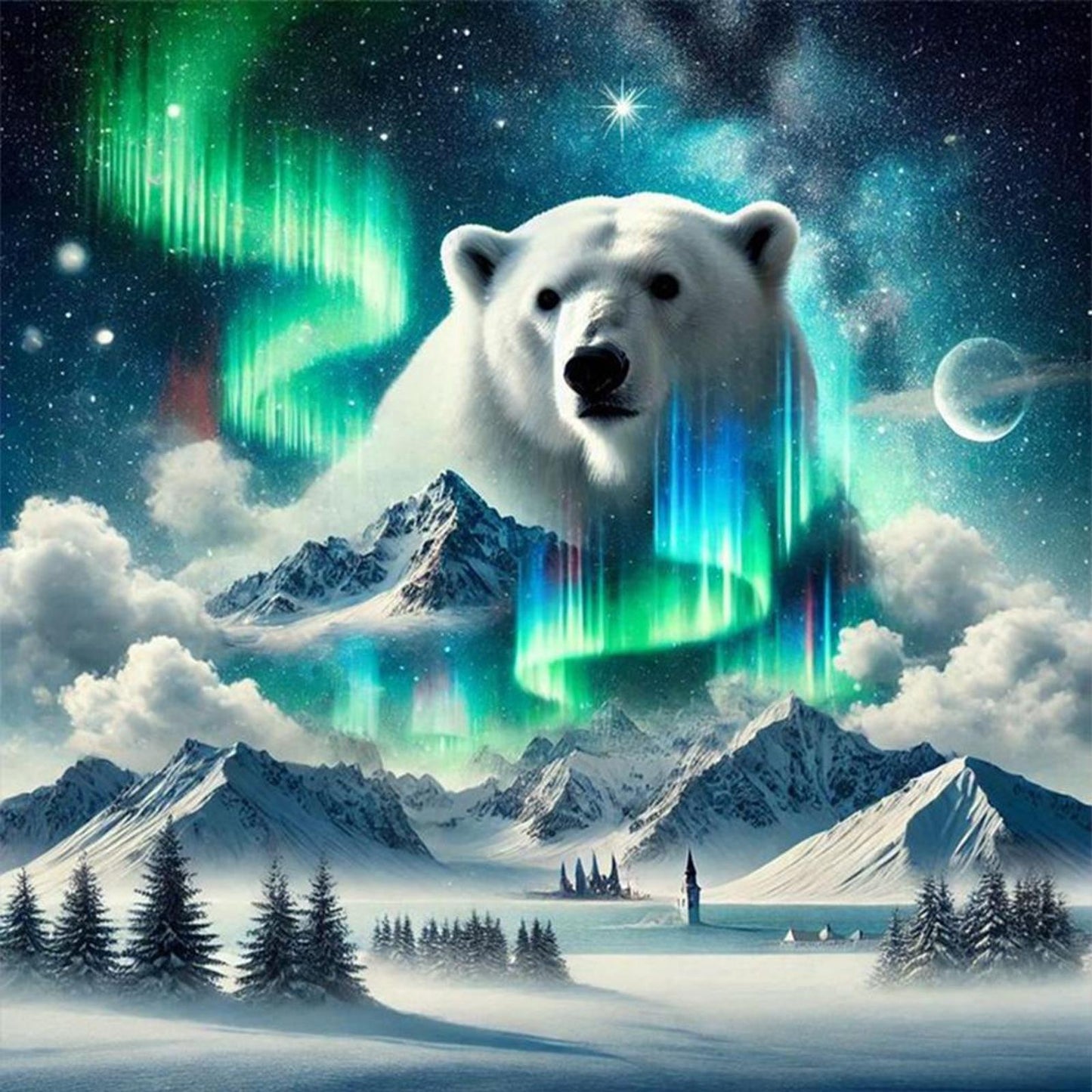 Polar Bear Under Aurora Mountains - Full 11CT Stamped Cross Stitch 50x50CM - Band