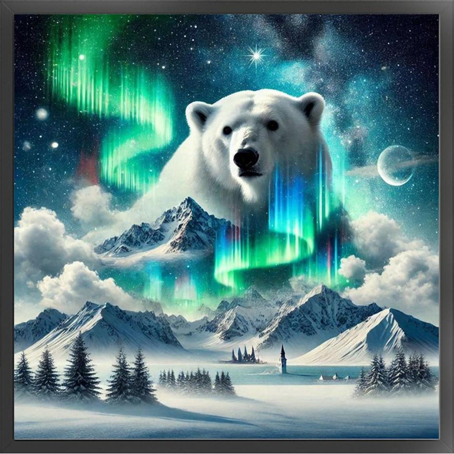 Polar Bear Under Aurora Mountains - Full 11CT Stamped Cross Stitch 50x50CM - Band