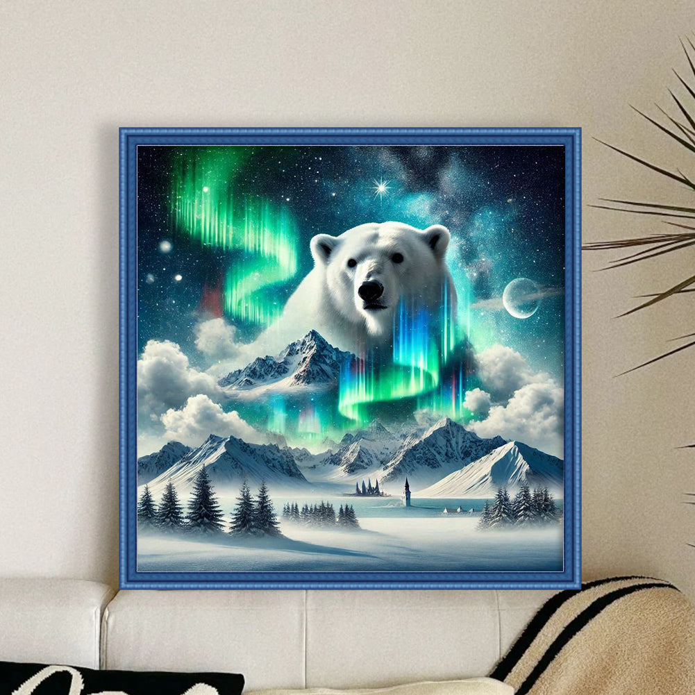 Polar Bear Under Aurora Mountains - Full 11CT Stamped Cross Stitch 50x50CM - Band