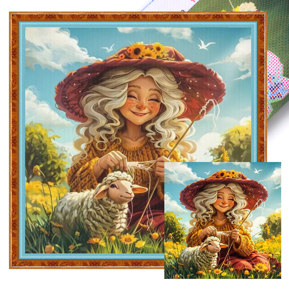 Old Lady and Sheep-45*45CM  16CT Stamped Cross Stitch