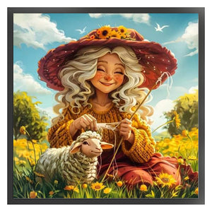 Old Lady and Sheep-45*45CM  16CT Stamped Cross Stitch