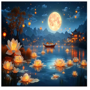 Starry night lotus lantern with moon-80*60CM  9CT Stamped Cross Stitch (Mona Lisa Brand)