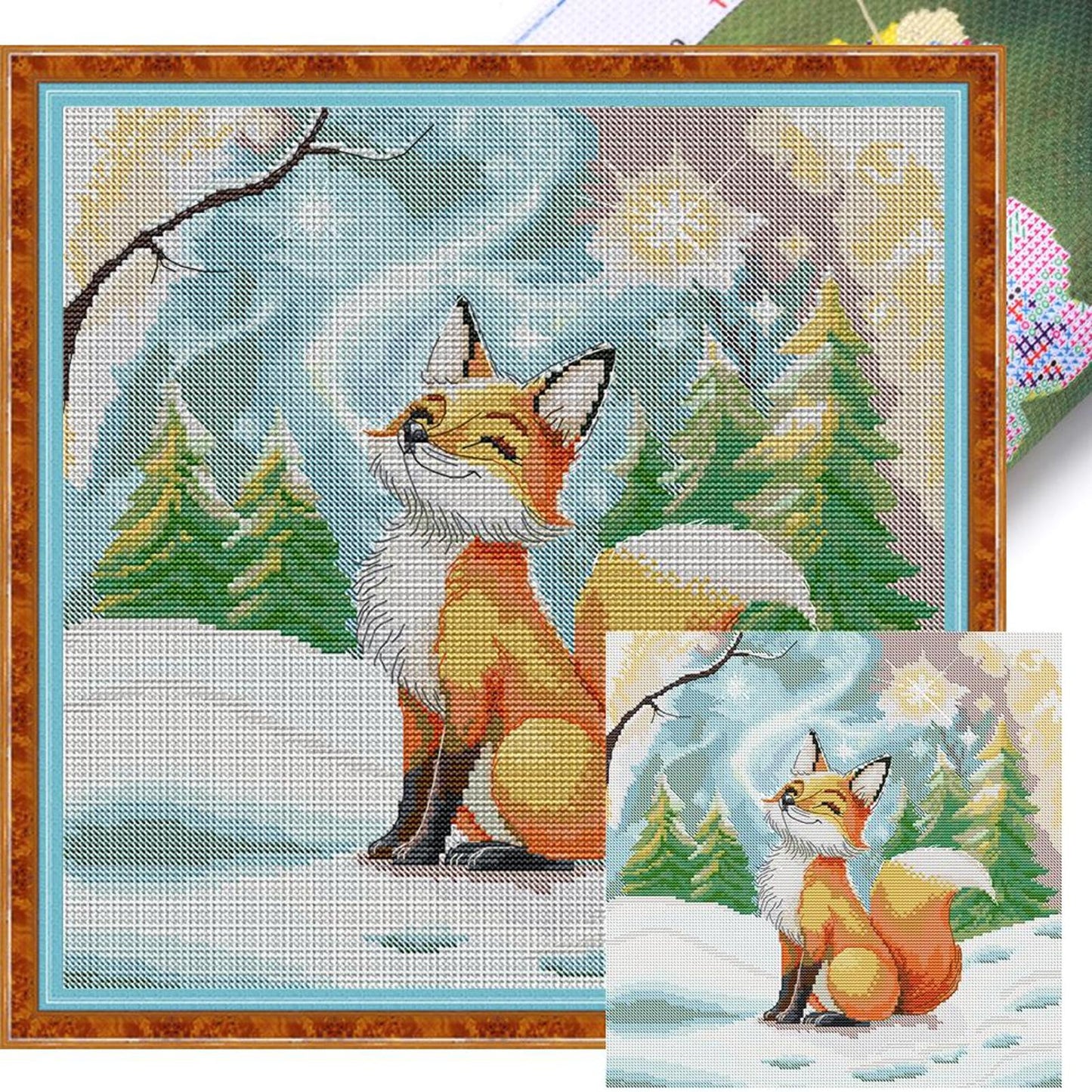 Little Fox In Winter - Partial 14CT Stamped Cross Stitch 34x34CM - Joy Sunday Backstitch