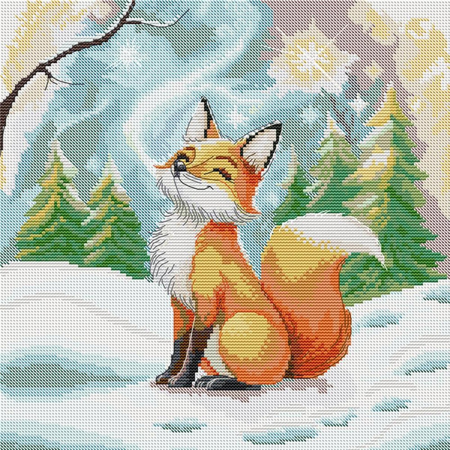 Little Fox In Winter - Partial 14CT Stamped Cross Stitch 34x34CM - Joy Sunday Backstitch