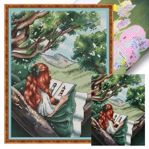 Girl's Back - Girl Reading on Book-29*37CM  14CT Stamped Cross Stitch (Xiaobai Brand)