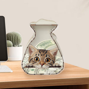 Acrylic Wooden Cat DIY Money Storage Box Diamond Art Decors for Adults Beginners