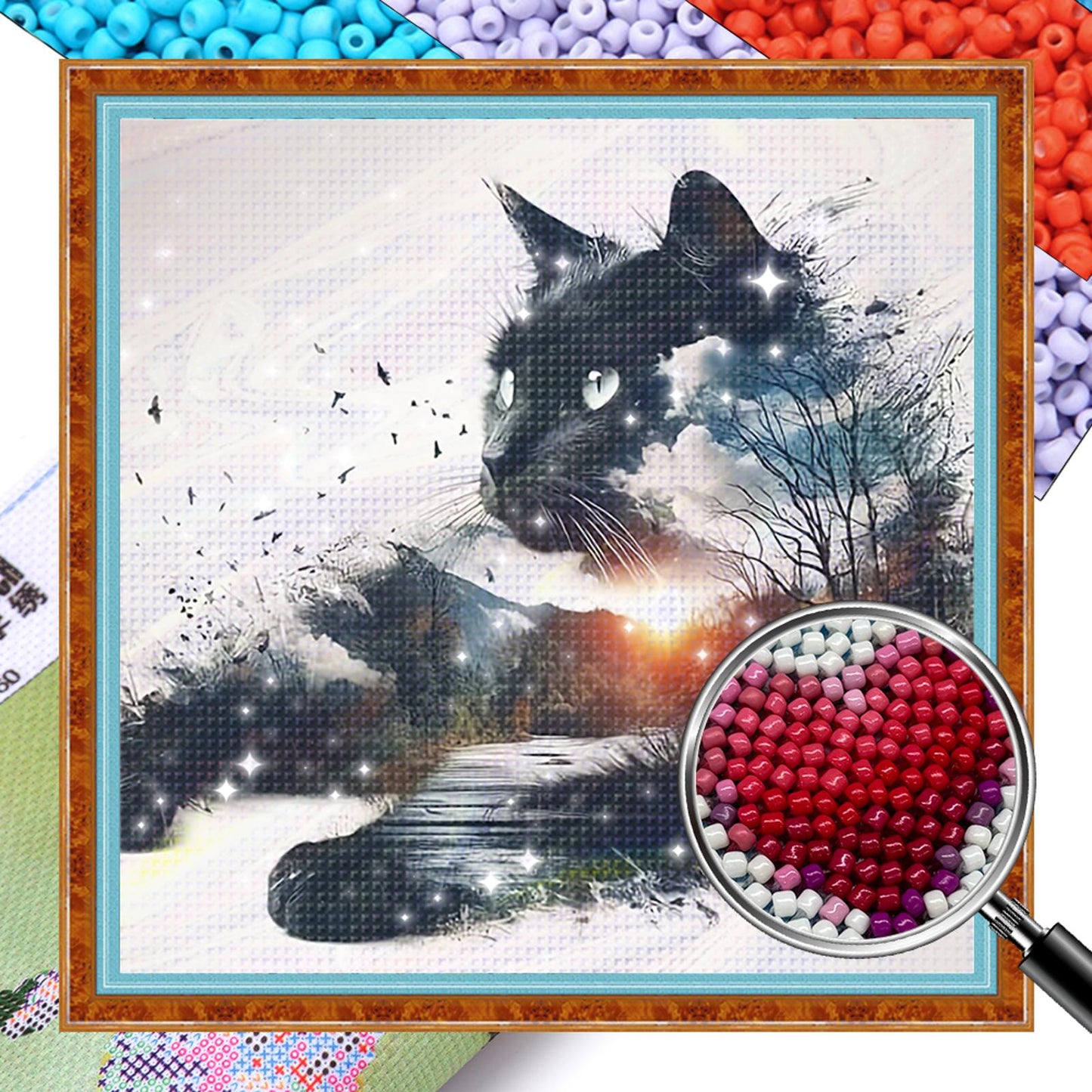 Silhouette Kitten - Full 11CT Stamped Cross Stitch - Bead Embroidery 36x36CM/14.17x14.17in