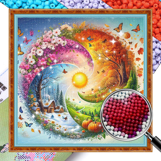 Four Seasons Scenery - Full 11CT Stamped Cross Stitch - Bead Embroidery 46x46CM/18.11x18.11in