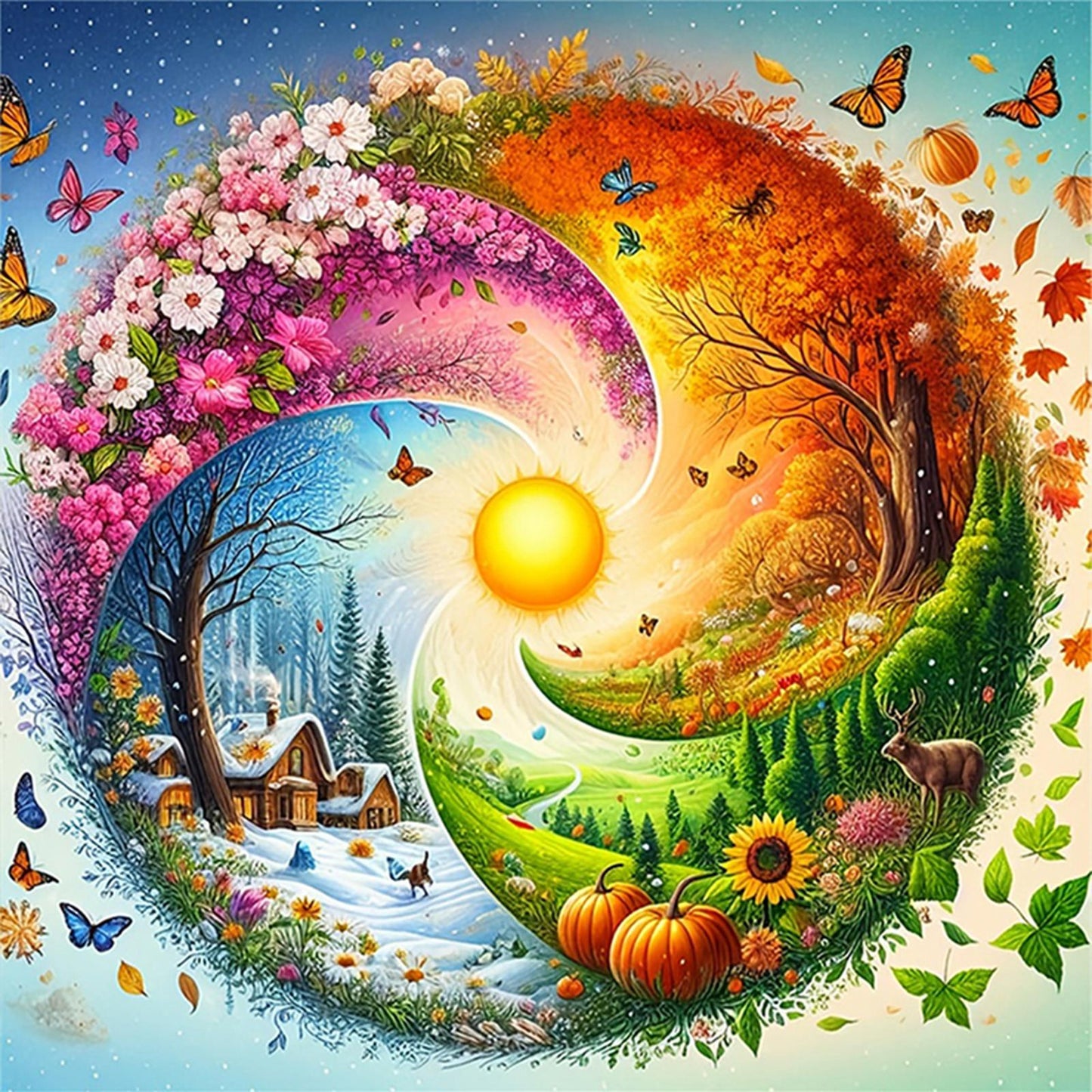 Four Seasons Scenery - Full 11CT Stamped Cross Stitch - Bead Embroidery 46x46CM/18.11x18.11in