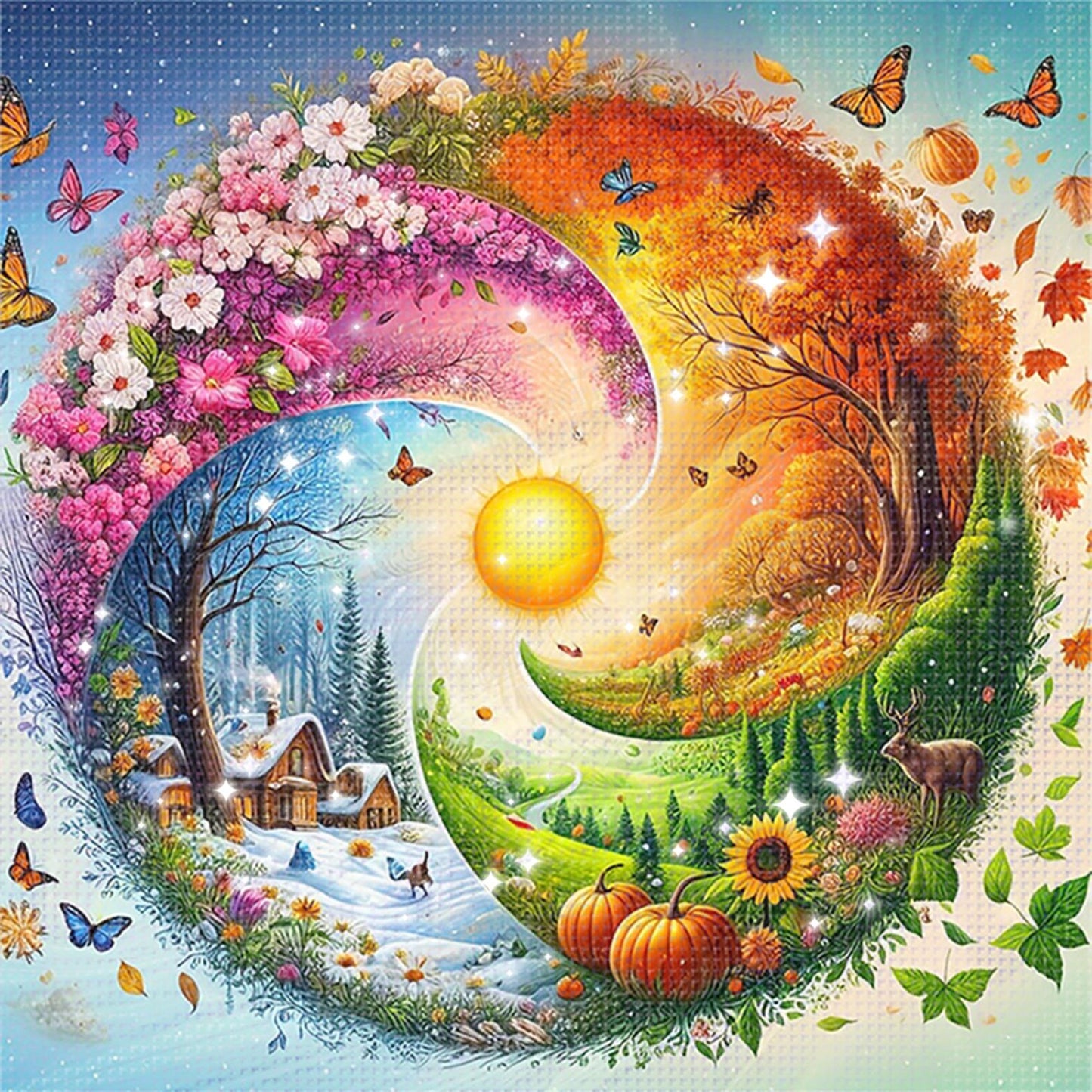 Four Seasons Scenery - Full 11CT Stamped Cross Stitch - Bead Embroidery 46x46CM/18.11x18.11in