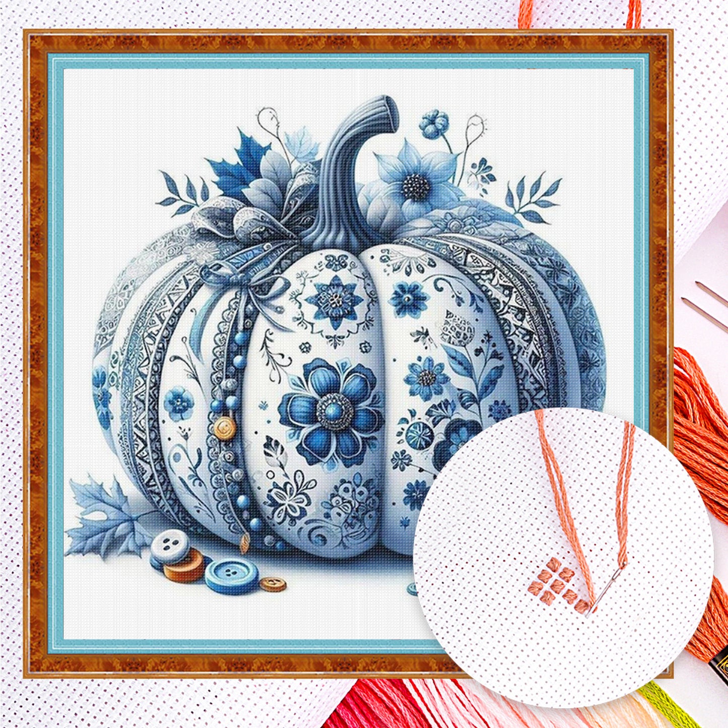 Blue And White Porcelain Pumpkin - Full 14CT Counted Cross Stitch 40x40CM - Yishu