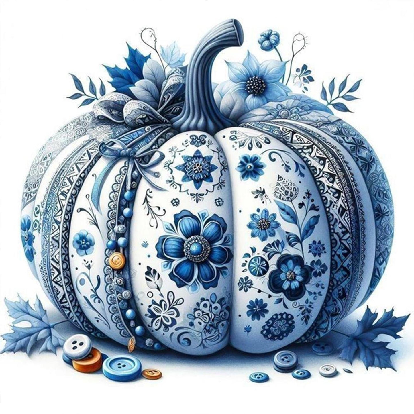Blue And White Porcelain Pumpkin - Full 14CT Counted Cross Stitch 40x40CM - Yishu