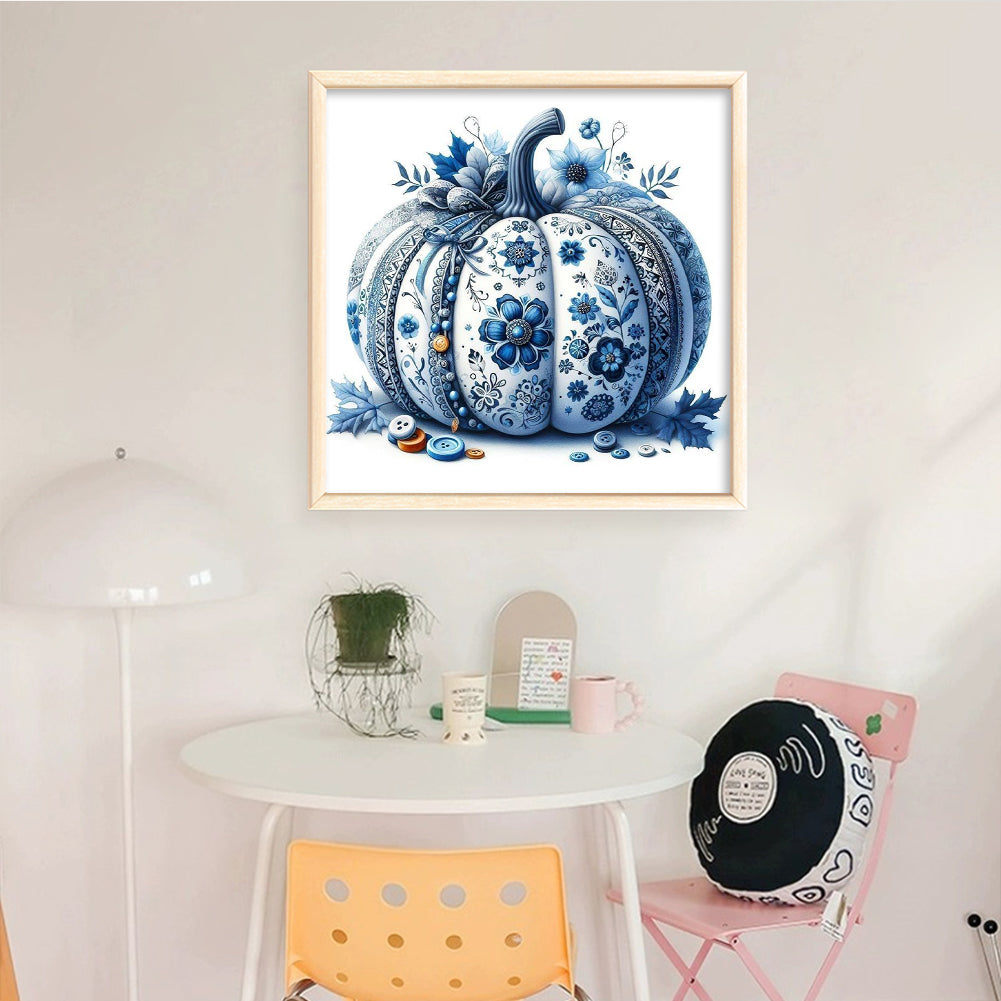 Blue And White Porcelain Pumpkin - Full 14CT Counted Cross Stitch 40x40CM - Yishu