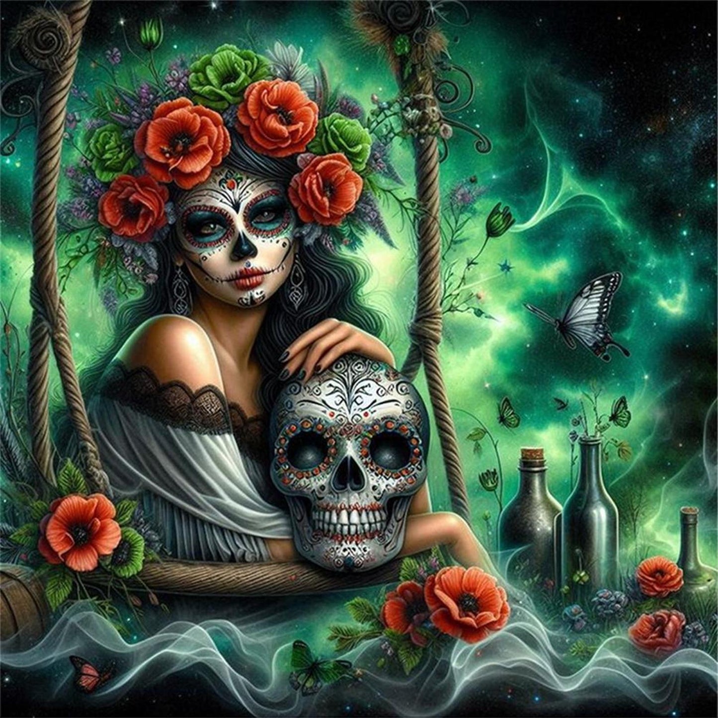 Halloween Skull Girl - Full 11CT Stamped Cross Stitch 40x40CM - Huacan
