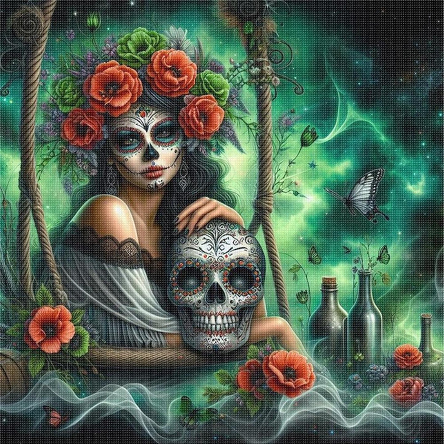 Halloween Skull Girl - Full 11CT Stamped Cross Stitch 40x40CM - Huacan