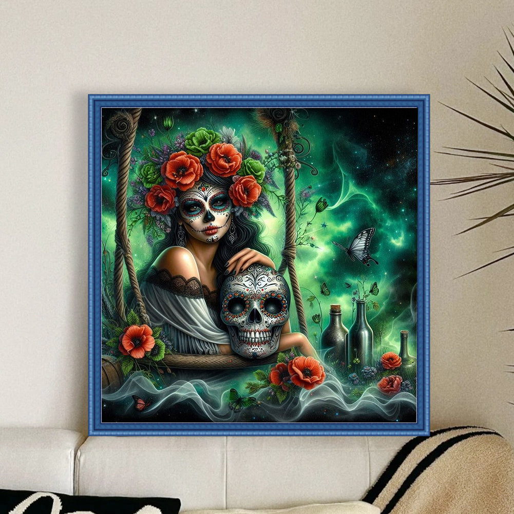 Halloween Skull Girl - Full 11CT Stamped Cross Stitch 40x40CM - Huacan