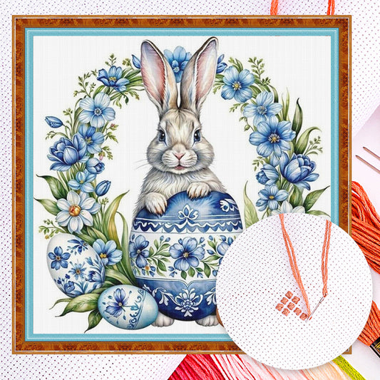 Blue And White Porcelain - Rabbit, Egg And Wreath - Full 11CT Counted Cross Stitch 40x40CM - Yishu