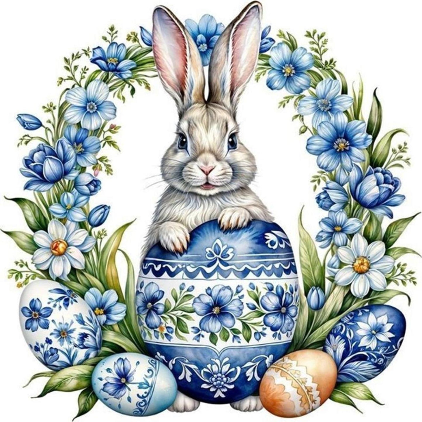 Blue And White Porcelain - Rabbit, Egg And Wreath - Full 11CT Counted Cross Stitch 40x40CM - Yishu