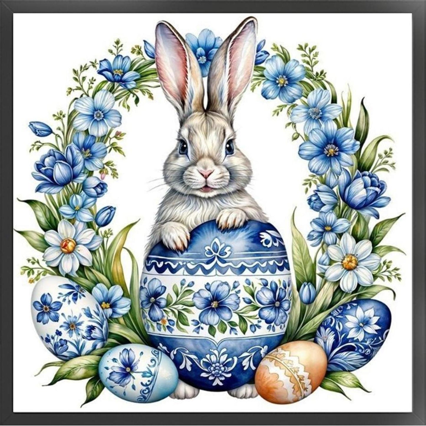 Blue And White Porcelain - Rabbit, Egg And Wreath - Full 11CT Counted Cross Stitch 40x40CM - Yishu