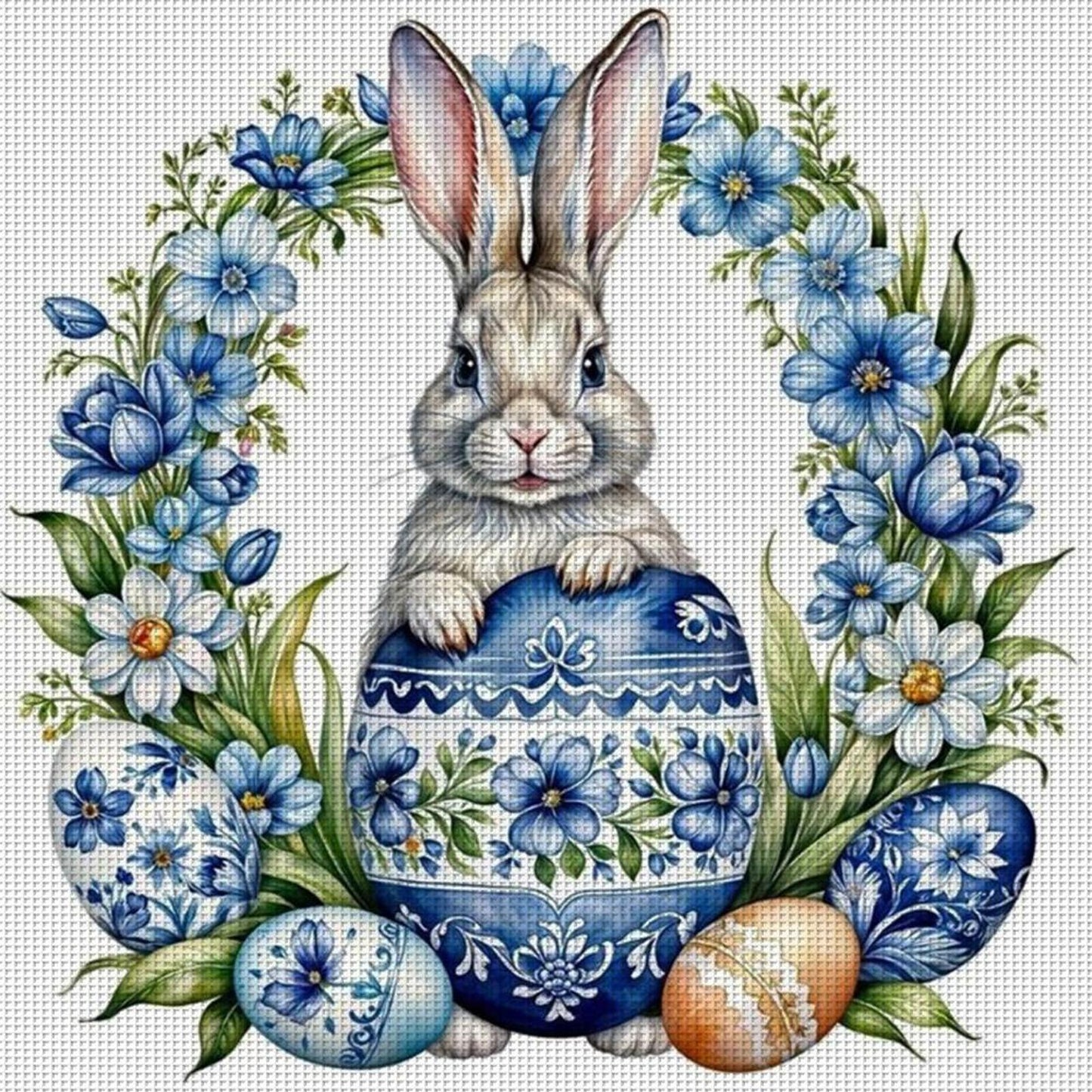 Blue And White Porcelain - Rabbit, Egg And Wreath - Full 11CT Counted Cross Stitch 40x40CM - Yishu