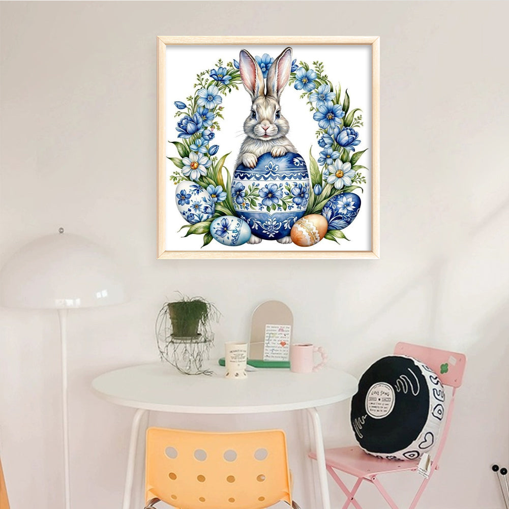 Blue And White Porcelain - Rabbit, Egg And Wreath - Full 11CT Counted Cross Stitch 40x40CM - Yishu
