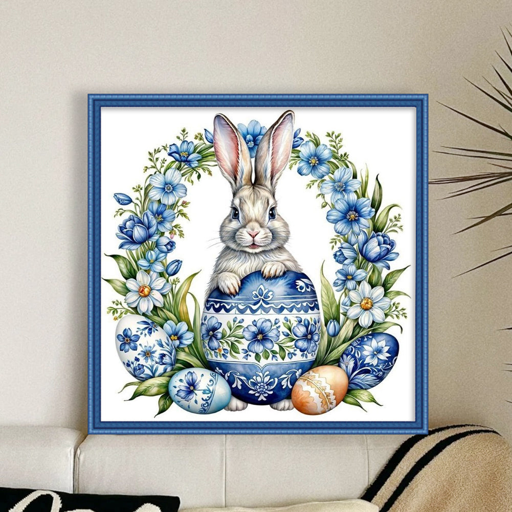 Blue And White Porcelain - Rabbit, Egg And Wreath - Full 11CT Counted Cross Stitch 40x40CM - Yishu