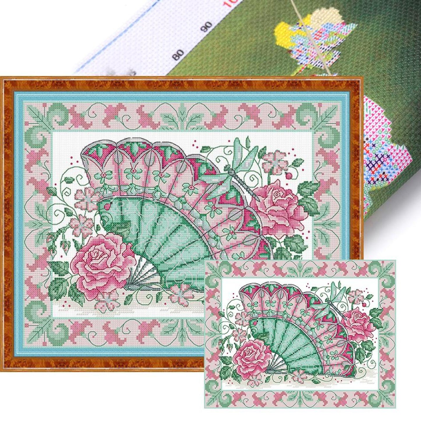 Oriental Rose Fan - Partial 14CT Stamped Cross Stitch 36x29CM - Joy Sunday Backstitch