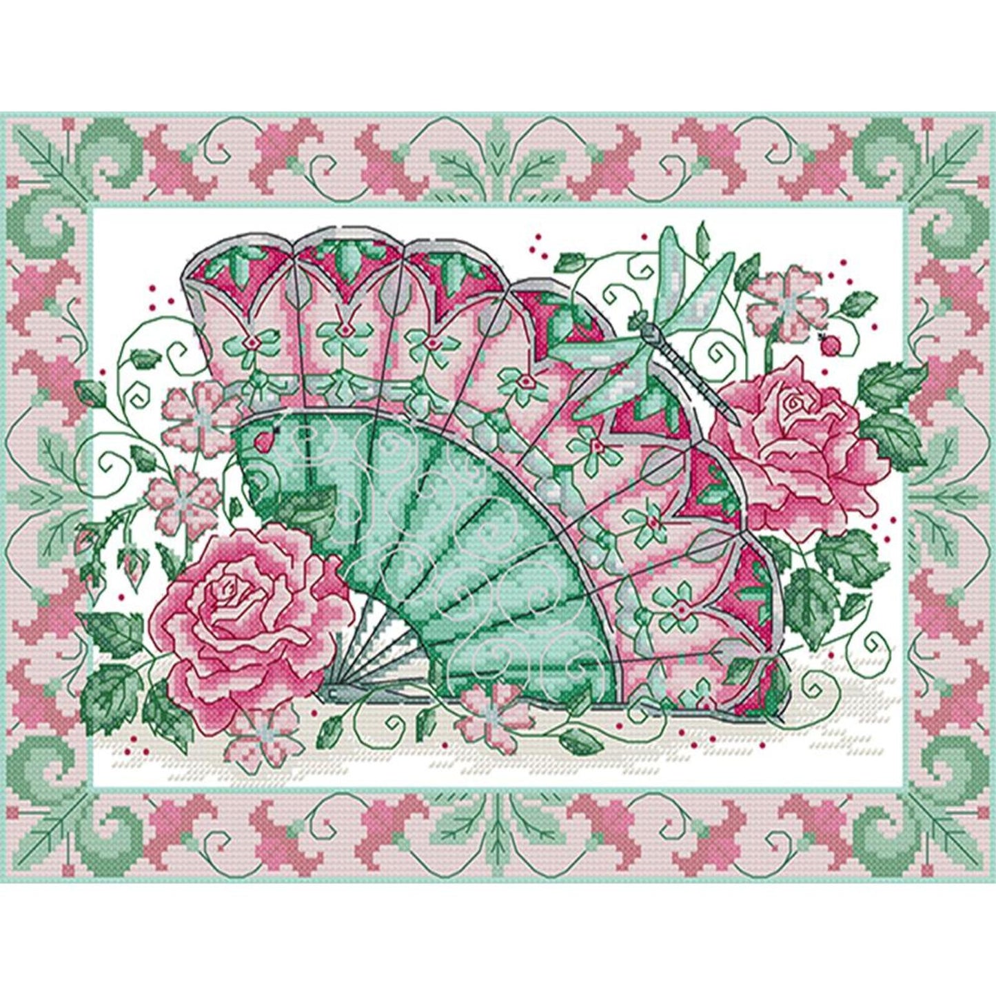 Oriental Rose Fan - Partial 14CT Stamped Cross Stitch 36x29CM - Joy Sunday Backstitch