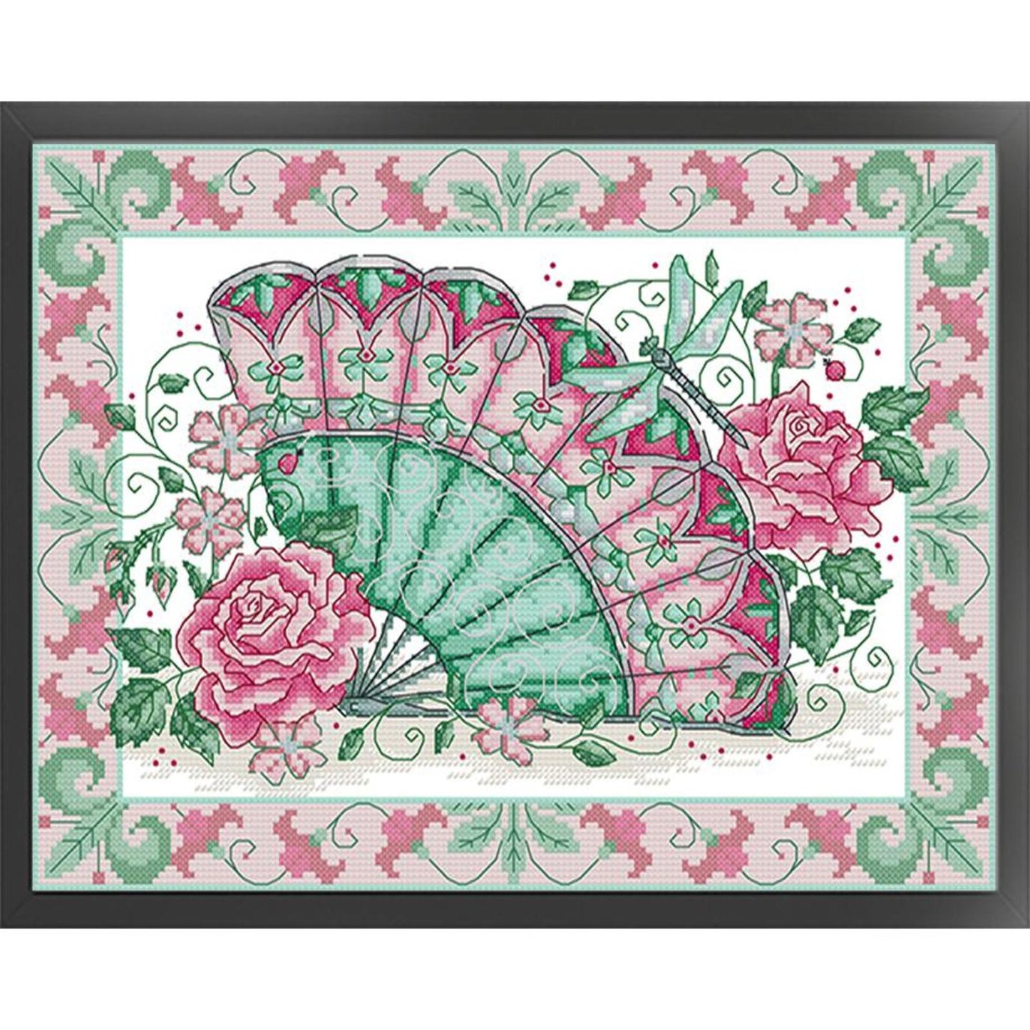 Oriental Rose Fan - Partial 14CT Stamped Cross Stitch 36x29CM - Joy Sunday Backstitch