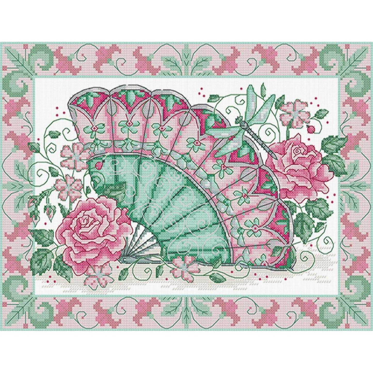 Oriental Rose Fan - Partial 14CT Stamped Cross Stitch 36x29CM - Joy Sunday Backstitch