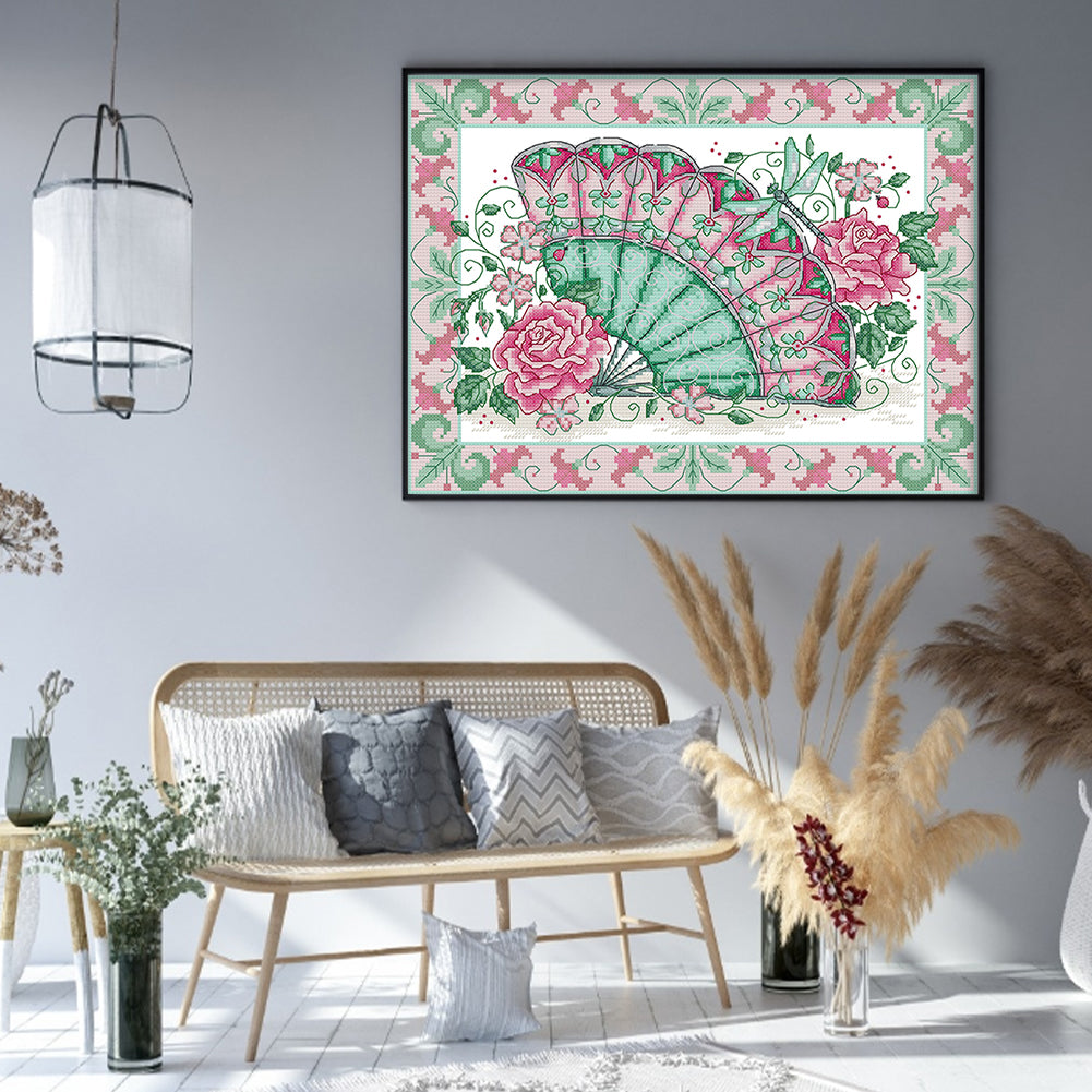 Oriental Rose Fan - Partial 14CT Stamped Cross Stitch 36x29CM - Joy Sunday Backstitch