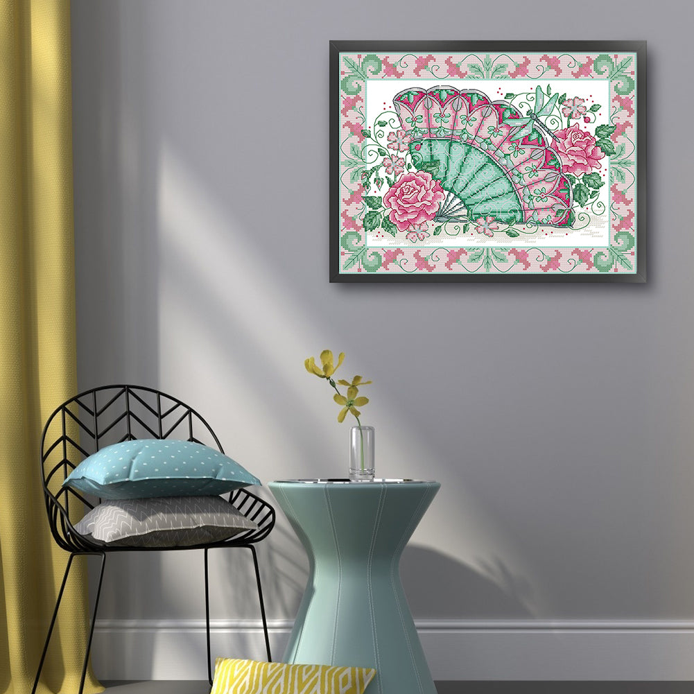 Oriental Rose Fan - Partial 14CT Stamped Cross Stitch 36x29CM - Joy Sunday Backstitch