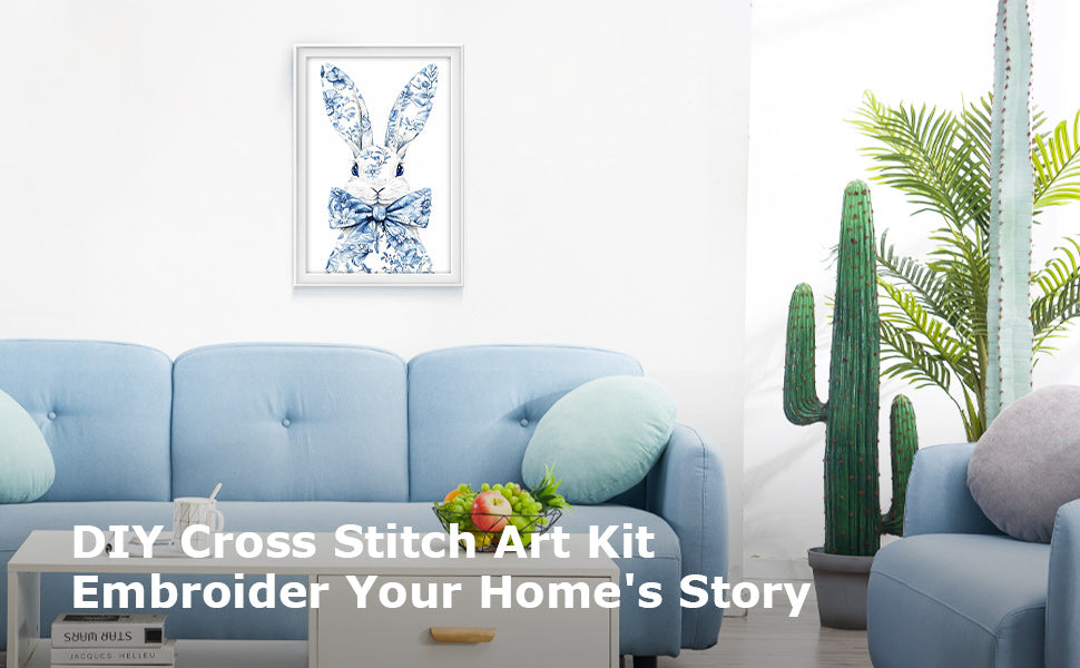 Blue And White Porcelain - Rabbit - Full 11CT Counted Cross Stitch 40x60CM - Huacan