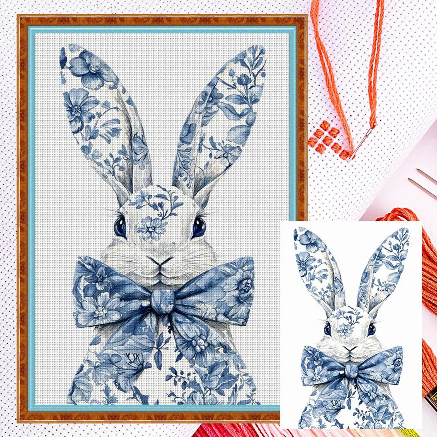 Blue And White Porcelain - Rabbit - Full 11CT Counted Cross Stitch 40x60CM - Huacan