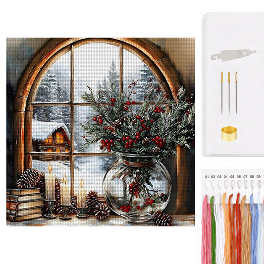 Winter Scenery By Window - Full 11CT Counted Cross Stitch 45x45CM - Huacan