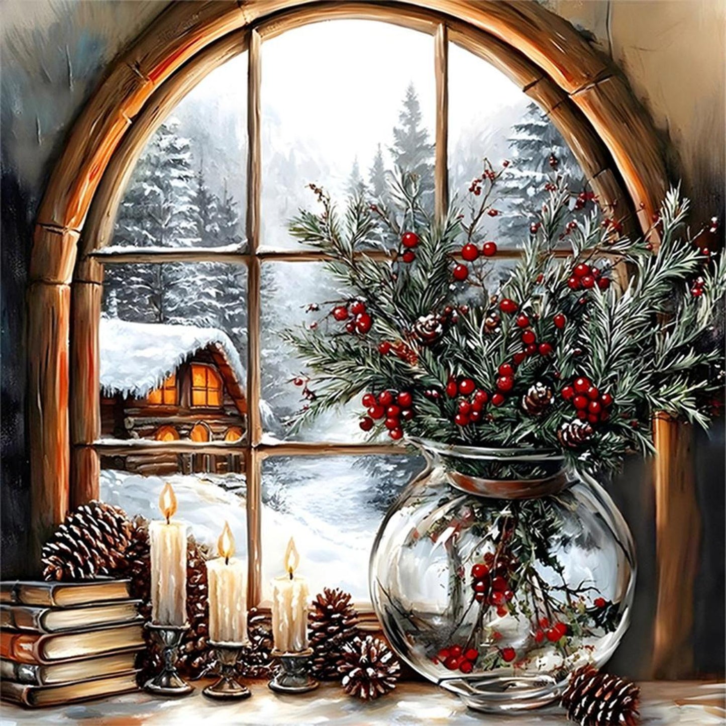 Winter Scenery By Window - Full 11CT Counted Cross Stitch 45x45CM - Huacan