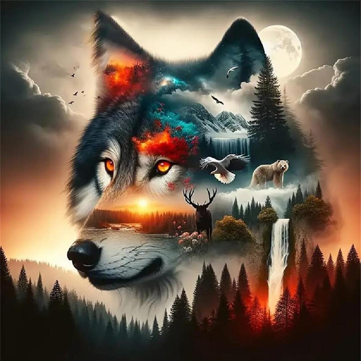 Wolf Silhouette - Full 11CT Counted Cross Stitch 40x40CM - Huacan